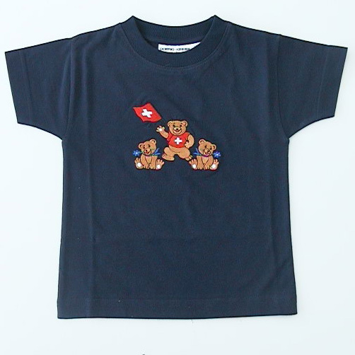 Shirt dunkelblau, gestickte Bären und CH Fahne.
