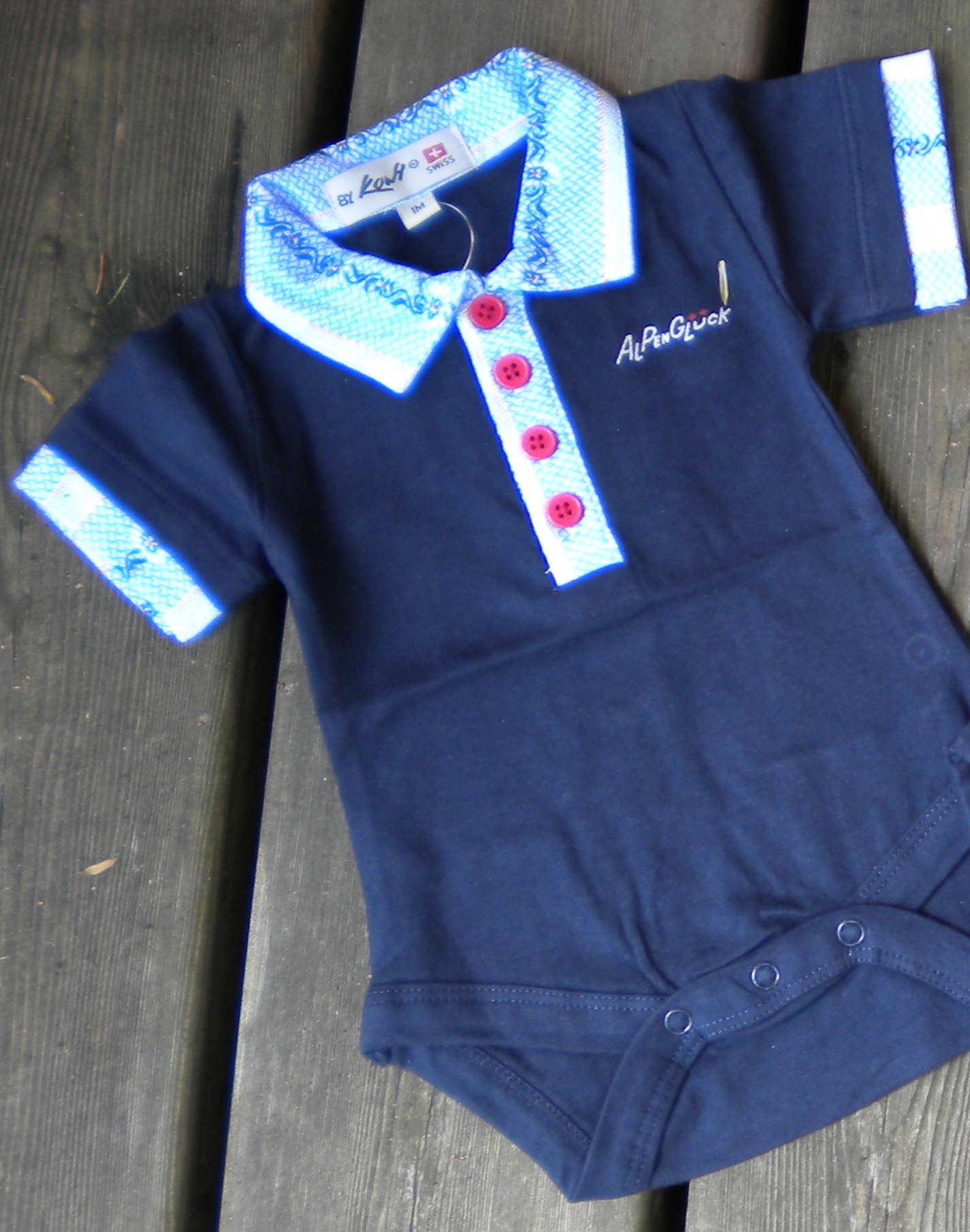 Baby Body Alpenglück blau mit Edelweiss Kragen, Kurzarm