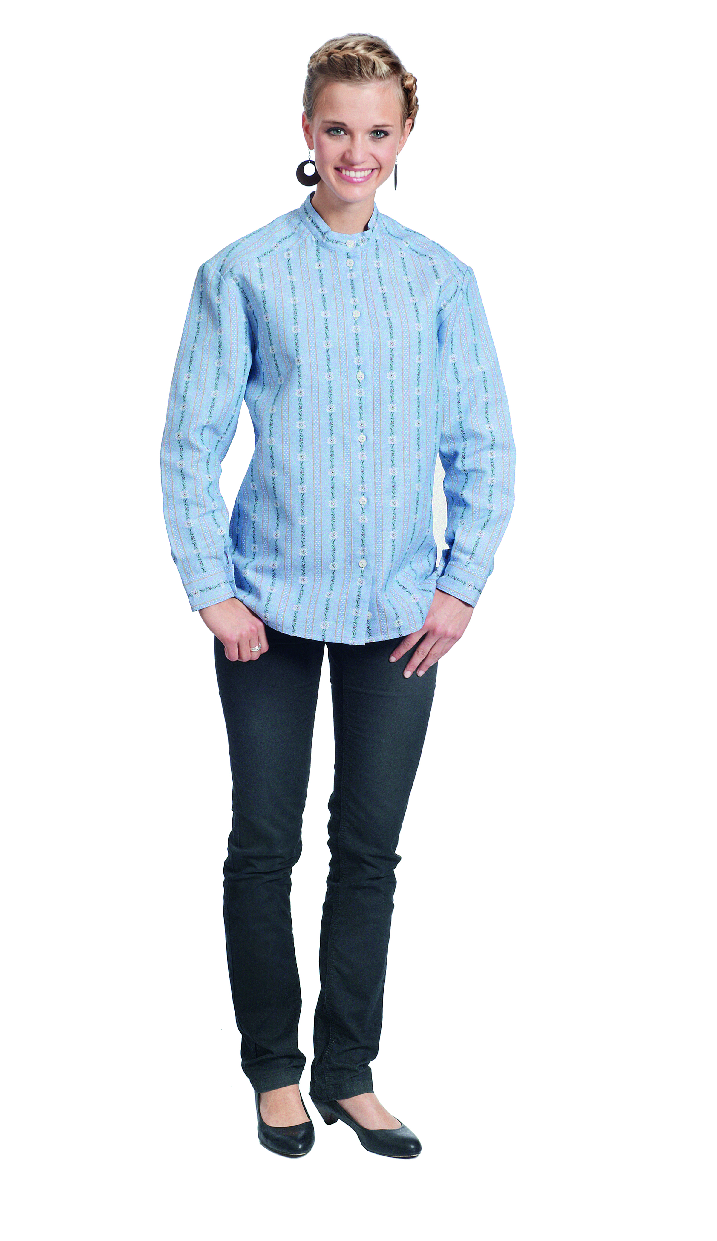 Edelweissbluse hellblau & anthrazit, Stehkragen, CH. 11%