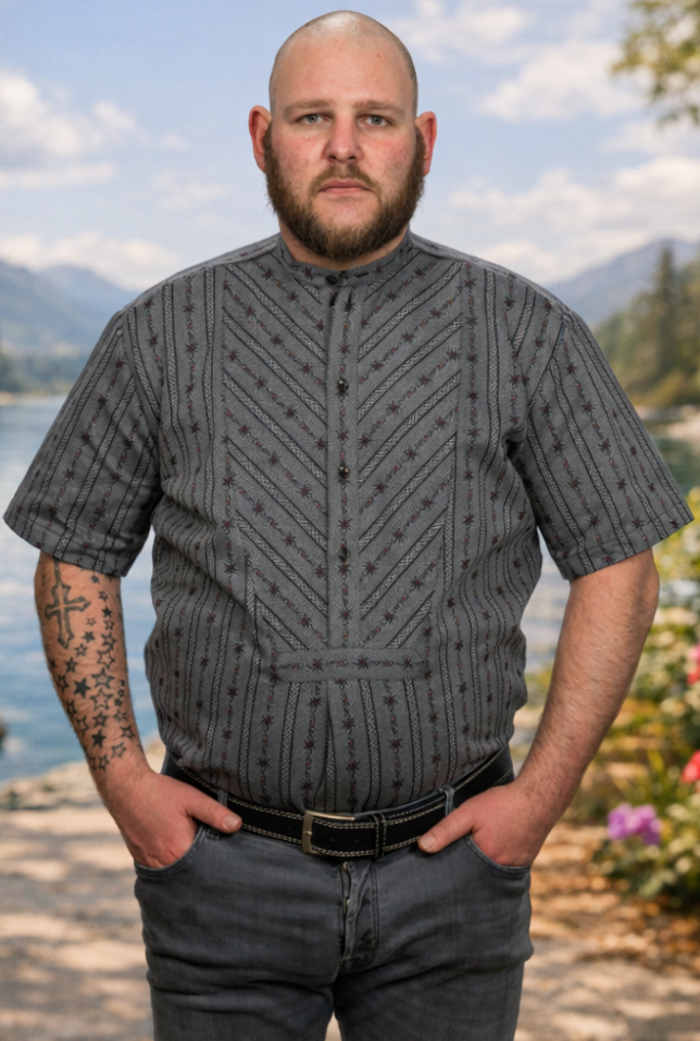 Edelweisshemd, hellblau & anthrazit, schräge Brust,CH