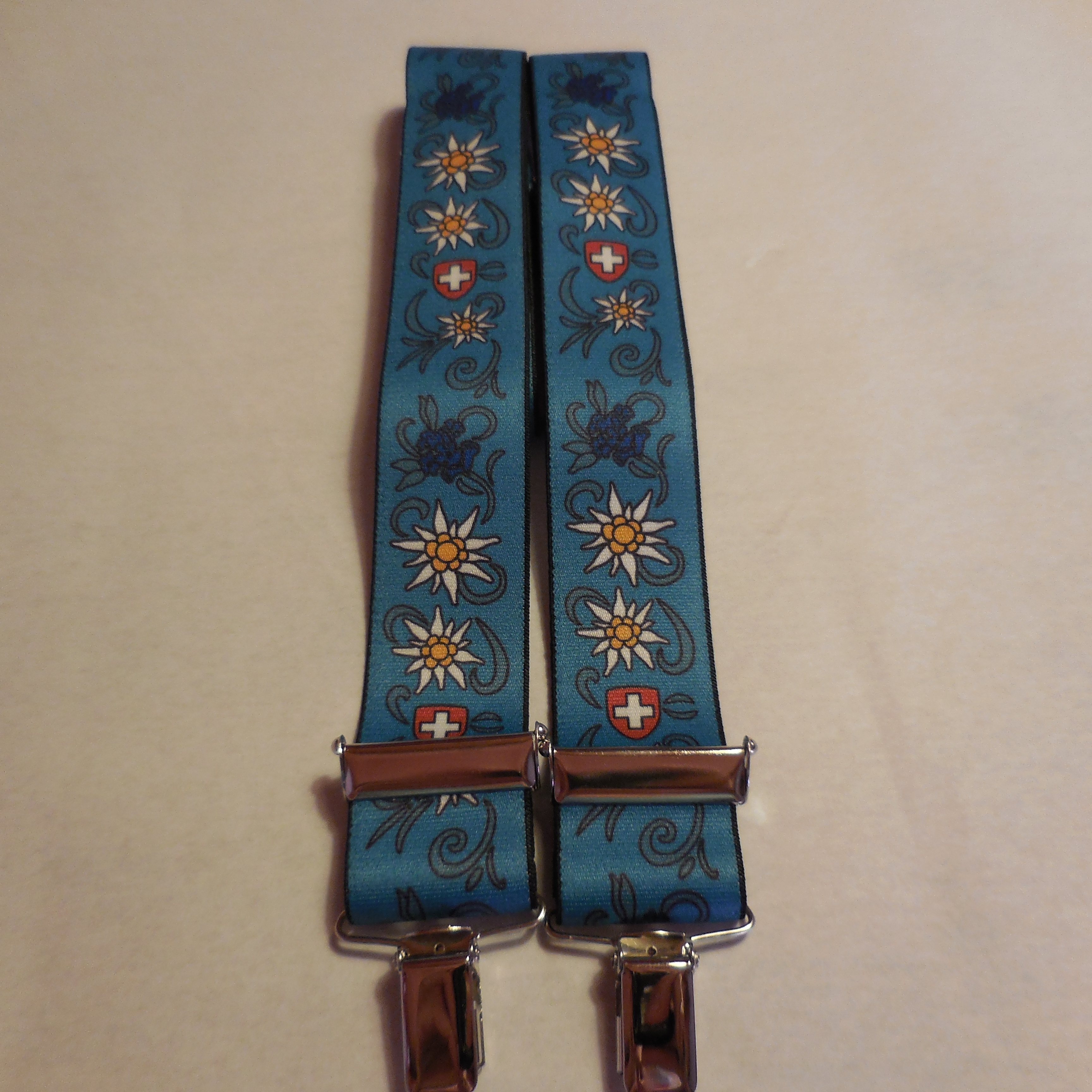 Hosenträger blau mit Edelweiss & Enzian, CH Produktion