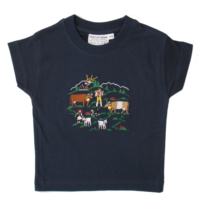 Kinder Shirt mit Stickerei Alpaufzug, blau & rot, KA